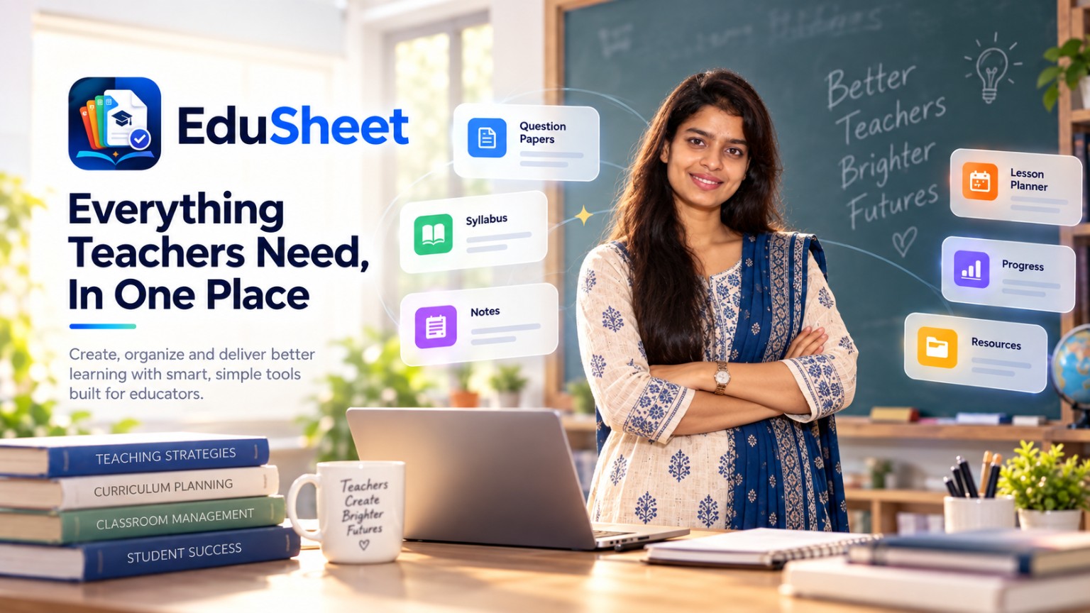 EduSheet teacher workspace with question papers, syllabus, lesson planning, progress and resources
