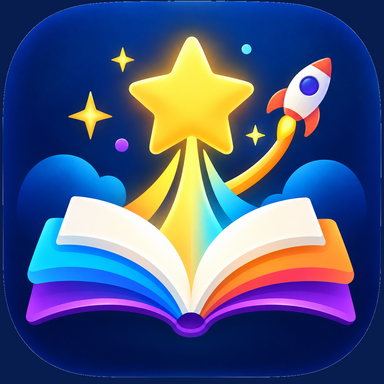 BrightQuest Kids app logo: an open book, bright star and rocket
