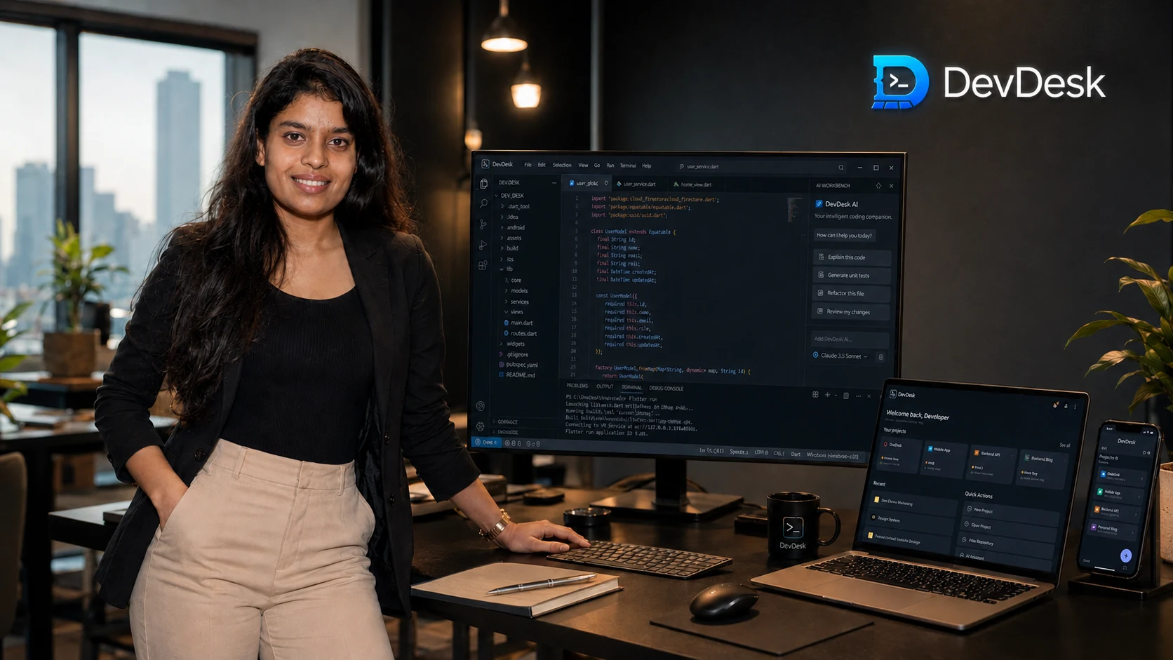A confident developer in a modern workspace using DevDesk across desktop, laptop, and mobile screens.