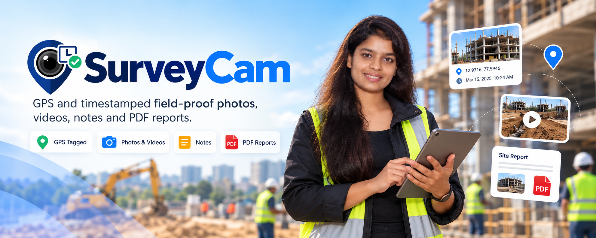 SurveyCam for GPS and timestamped construction-site photos, videos, notes and PDF reports